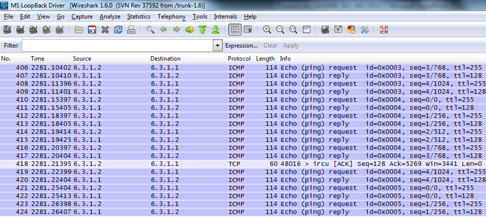 Wireshark picture of bot packets